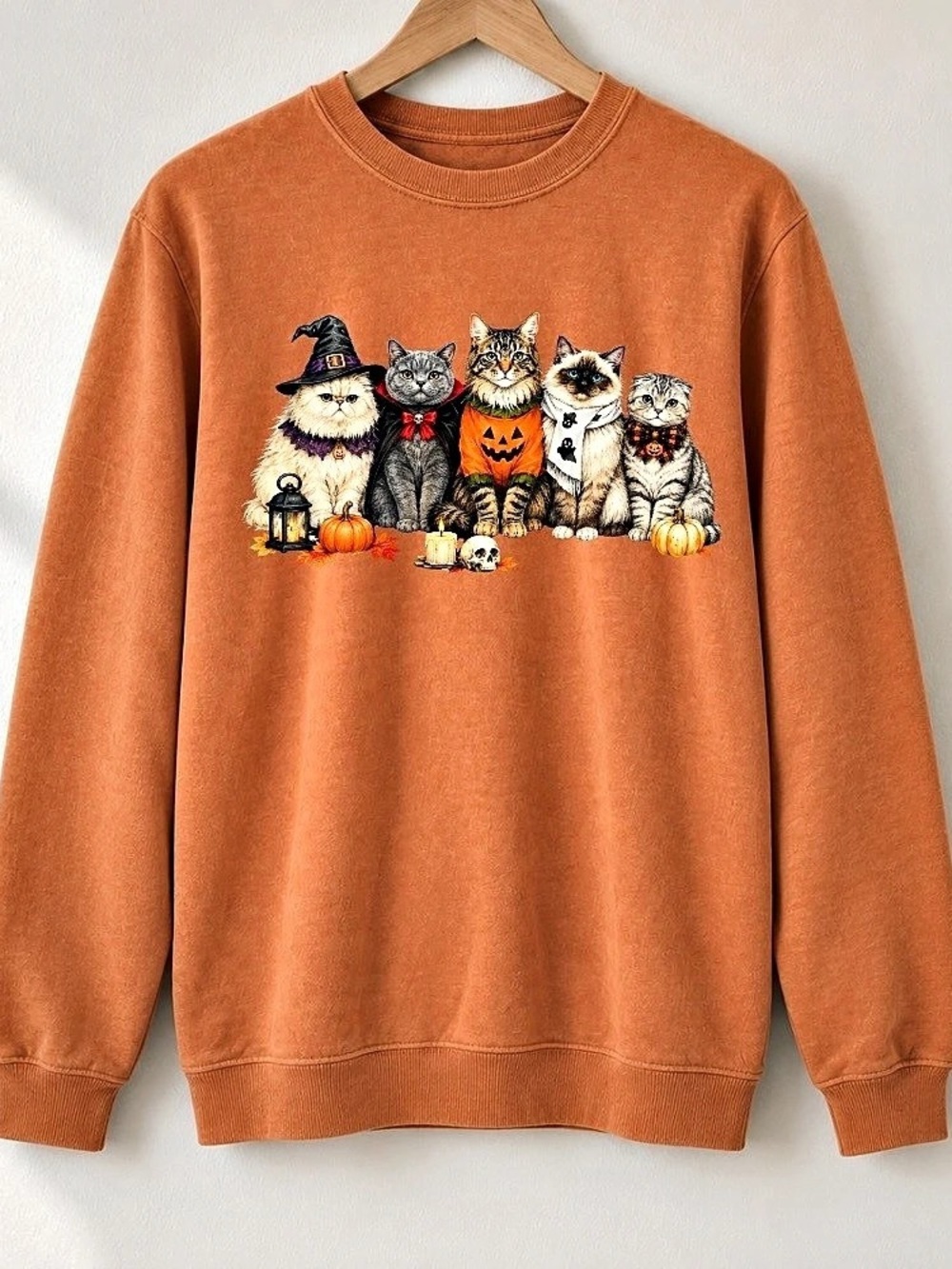 Cute Cats Halloween Costumes Witch Pumpkin Lanterns Spooky Vintage Orange Sweats